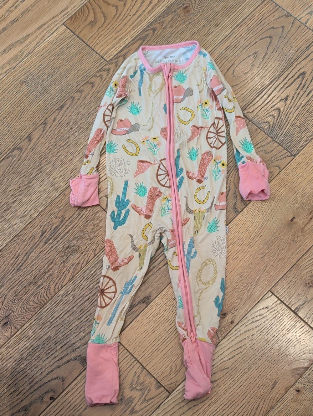 Little Sleepies Cream Western Print Footed One-Piece with Pink Trim